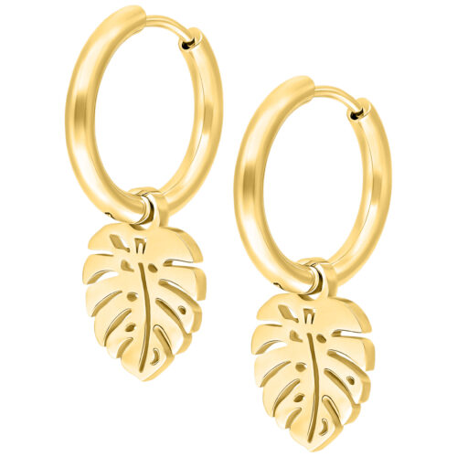 Goldene Monstera-Blatt-Ohrringe aus Chirurgenstahl auf weißem Hintergrund