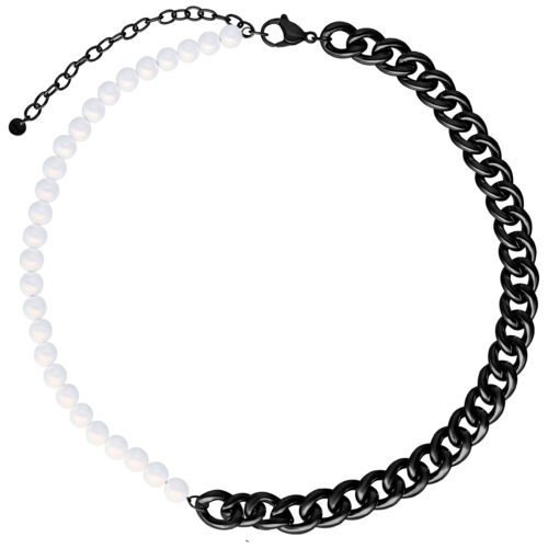 Chunky Pearl Kette mit schwarzen Metallgliedern und weißen Perlen auf weißem Hintergrund