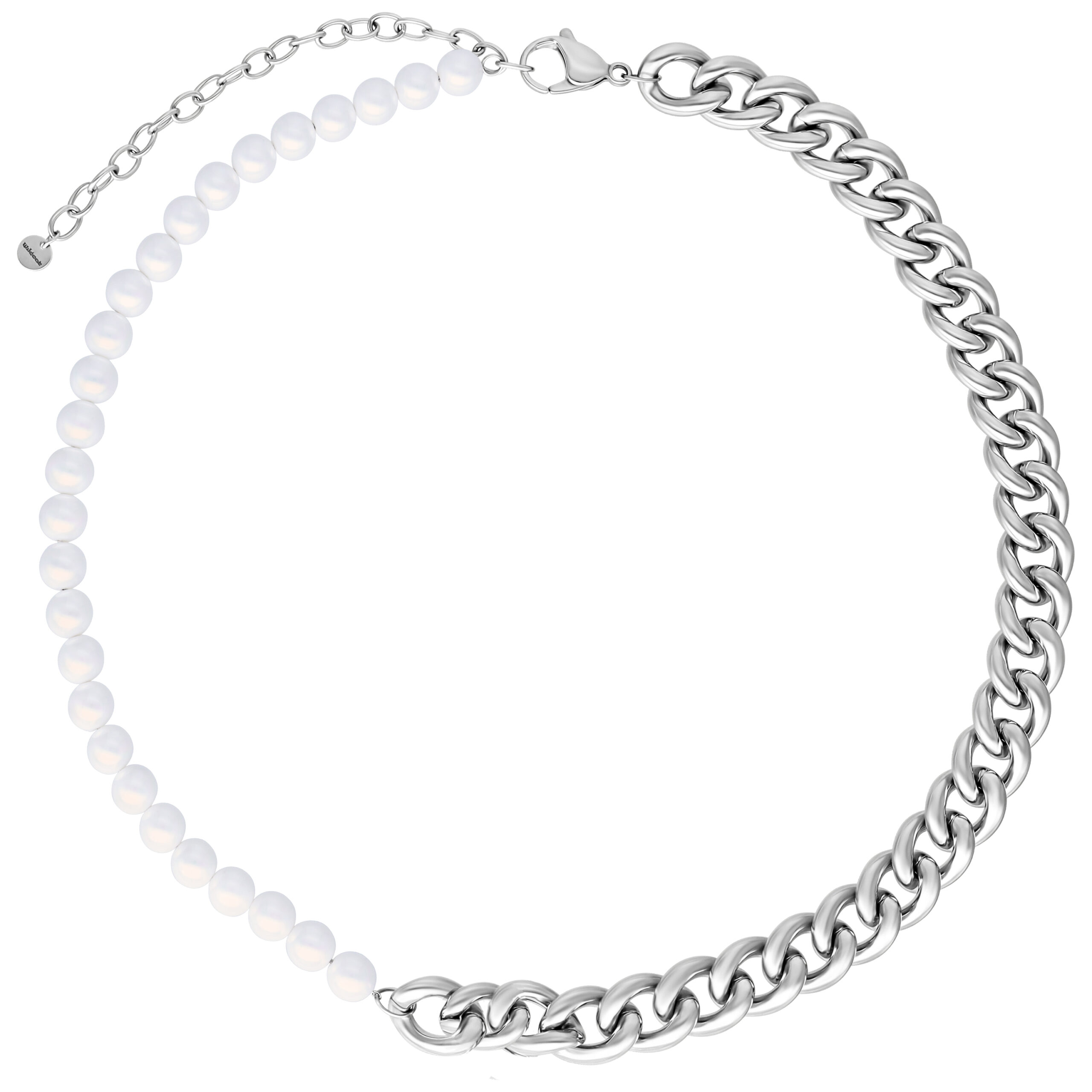 Chunky Pearl Kette aus Chirurgenstahl Silberne Chunky Pearl Kette mit Perlen und Kettengliedern auf weißem Hintergrund