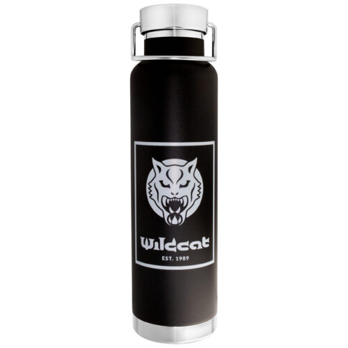 Schwarze Vakuum Isolierflasche mit Wildcat Logo auf weißem Hintergrund