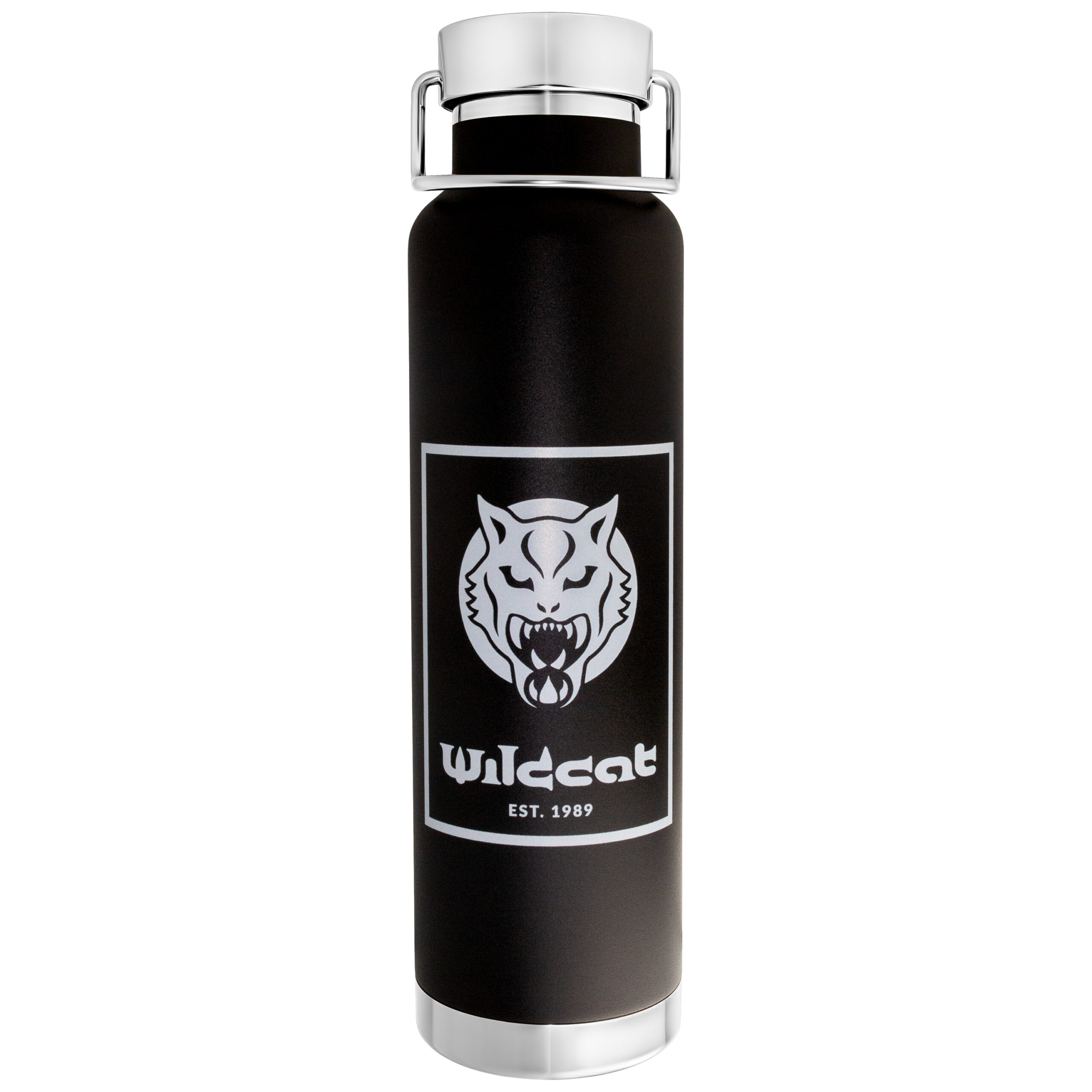 Schwarze Wildcat Vakuum Isolierflasche Schwarze Vakuum Isolierflasche mit Wildcat Logo auf weißem Hintergrund