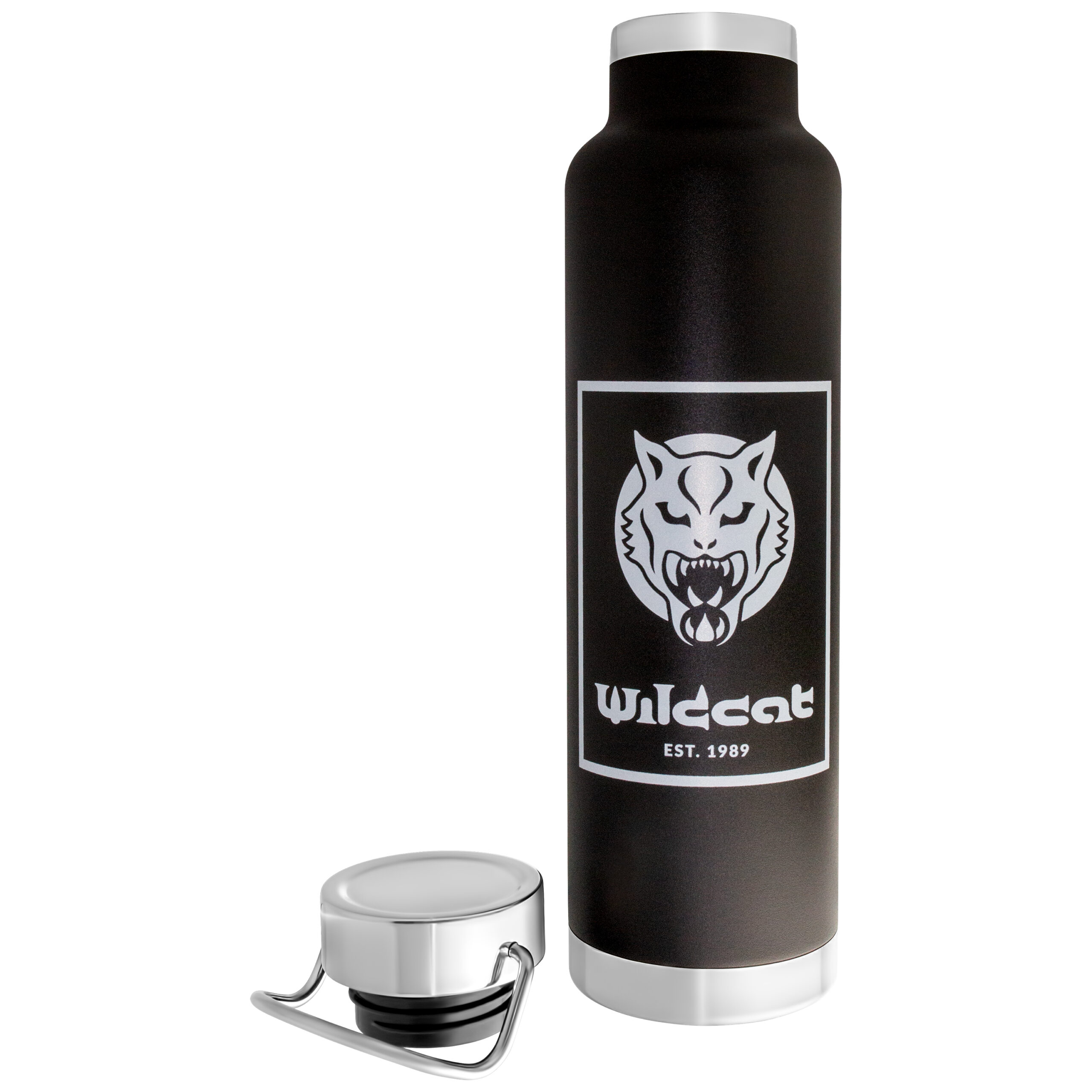 Schwarze Wildcat Vakuum Isolierflasche Schwarze Vakuum Isolierflasche mit Wildcat Logo auf weißem Hintergrund