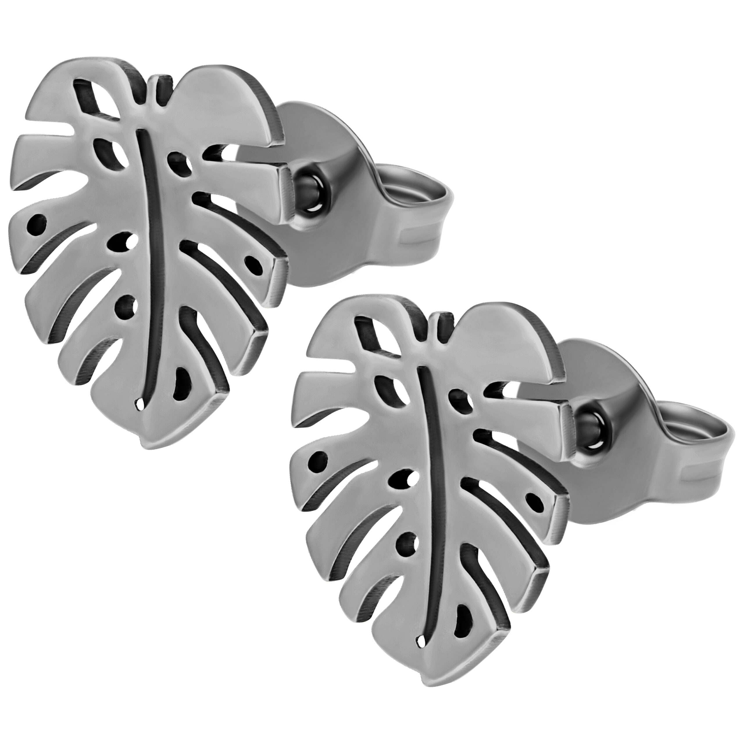 Monstera Ohrstecker Silberfarbig Silberfarbene Monstera Ohrstecker auf weißem Hintergrund