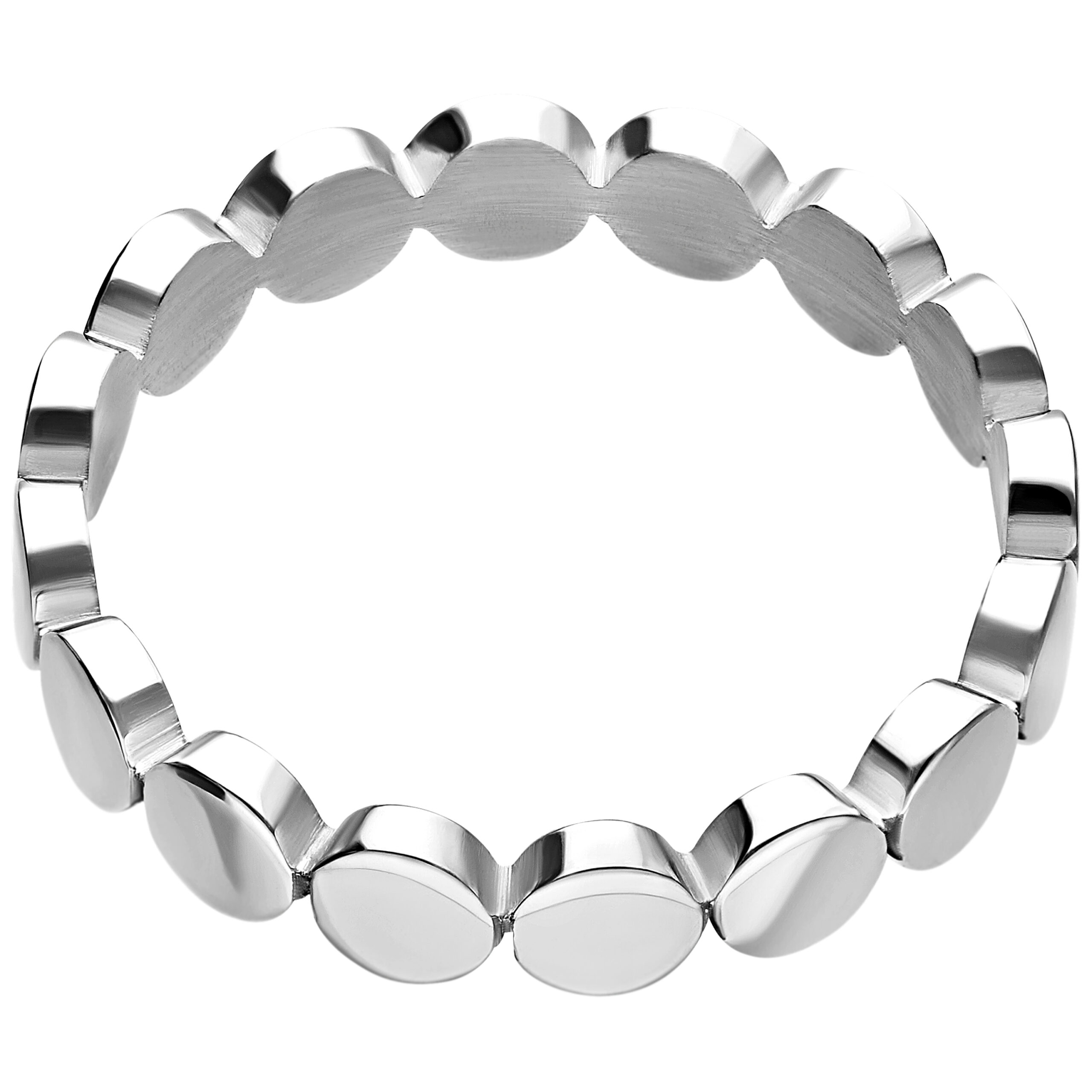 Eleganter Fingerring aus Chirurgenstahl in Silber Silberner Ring aus Chirurgenstahl mit runden Platten auf weißem Hintergrund