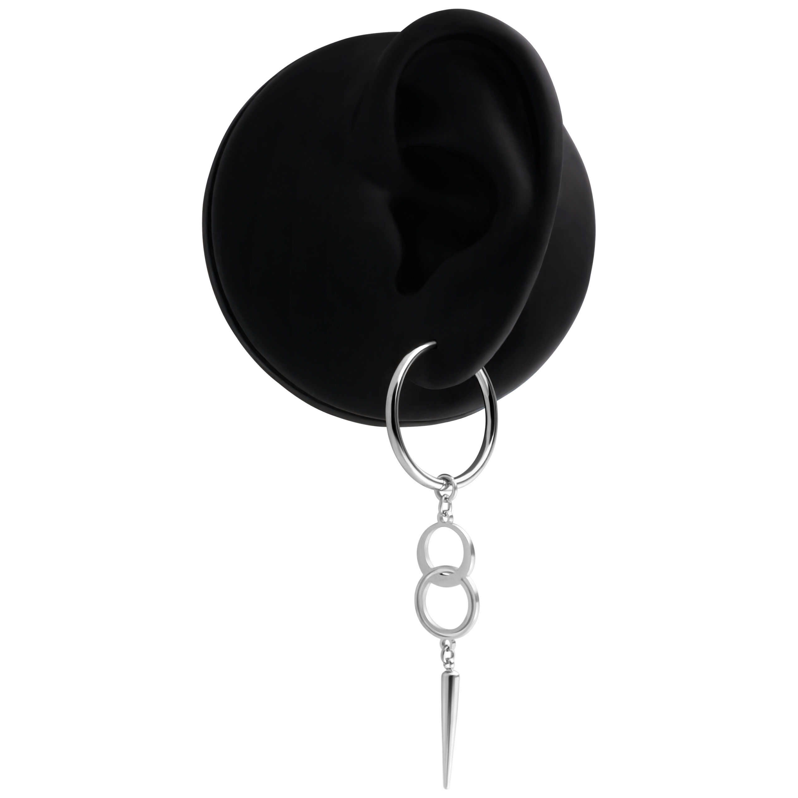 Silberne Hoops Ohrringe mit Anhänger Silberne Hoop-Ohrringe mit Anhänger auf schwarzem Ohrmodell