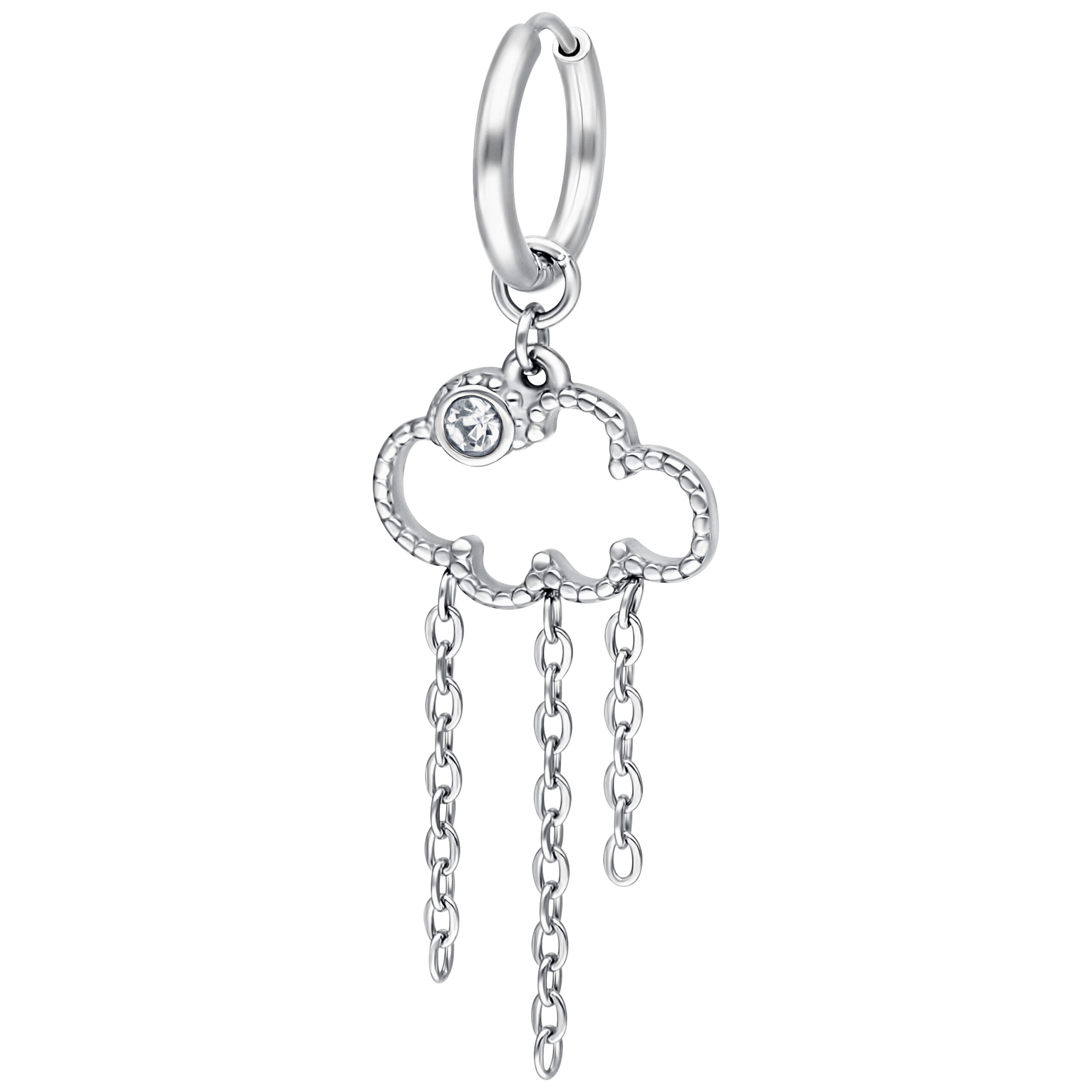 Silberne Little Cloud 9 Hoops Ohrringe Silberner Ohrring mit wolkenförmigem Anhänger und Ketten auf weißem Hintergrund