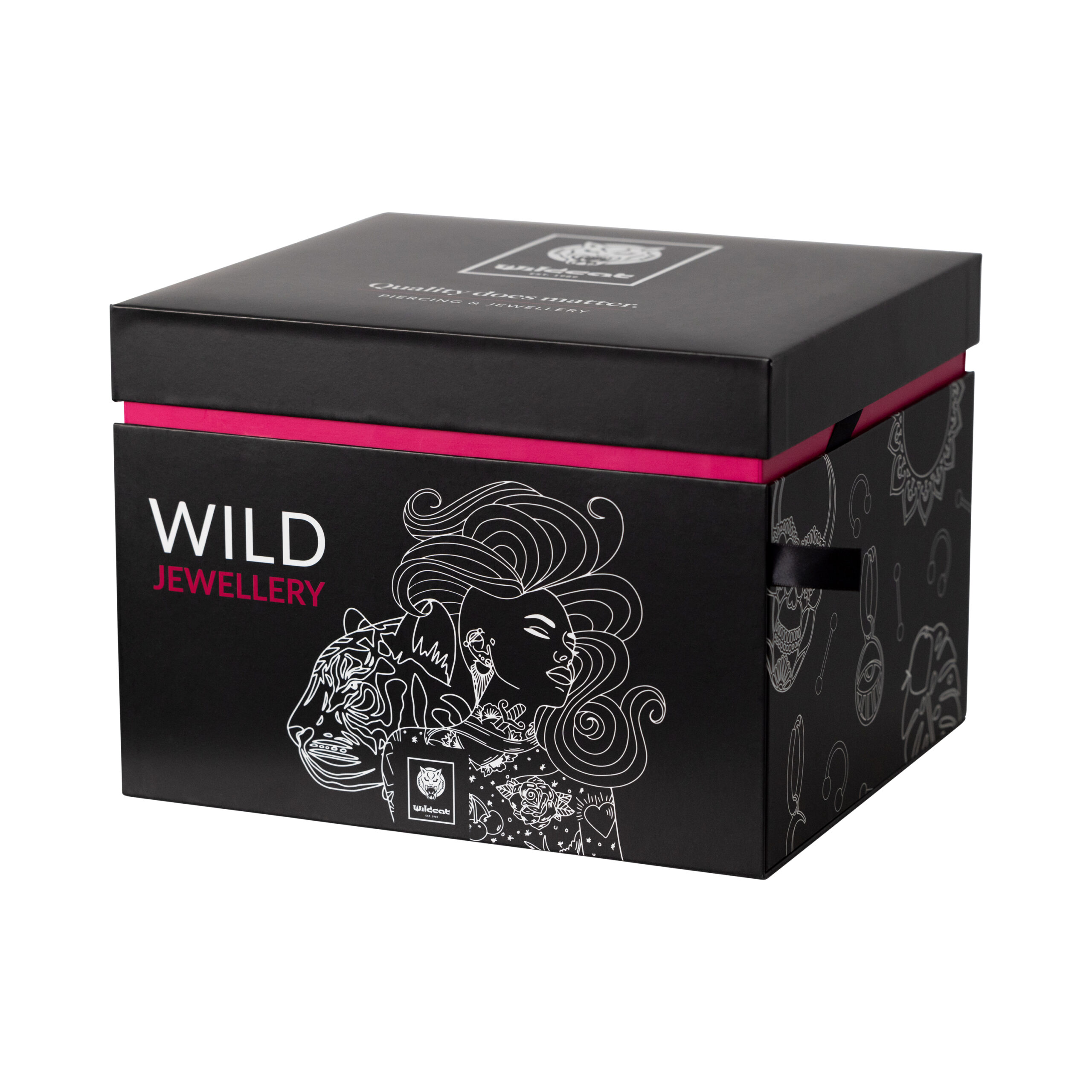 Schwarze Schmuckschatulle Adventskalender Schwarze Schmuckschatulle mit Wildcat Design und pinkem Akzent auf weißem Hintergrund