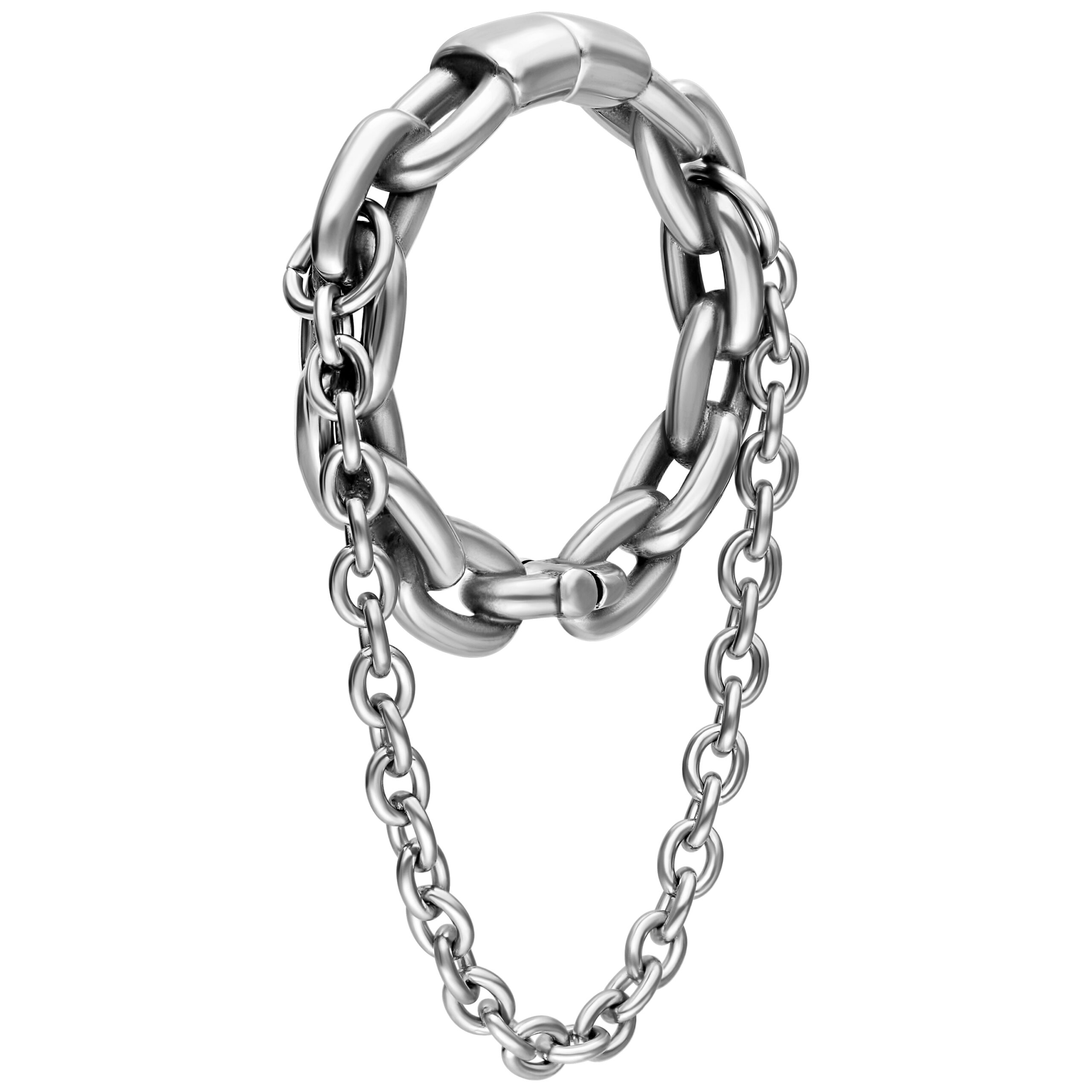 Silberne Double Chain Ohrgewichte aus Chirurgenstahl Silberne Ohrgewichte mit doppelter Kette aus Chirurgenstahl auf weißem Hintergrund