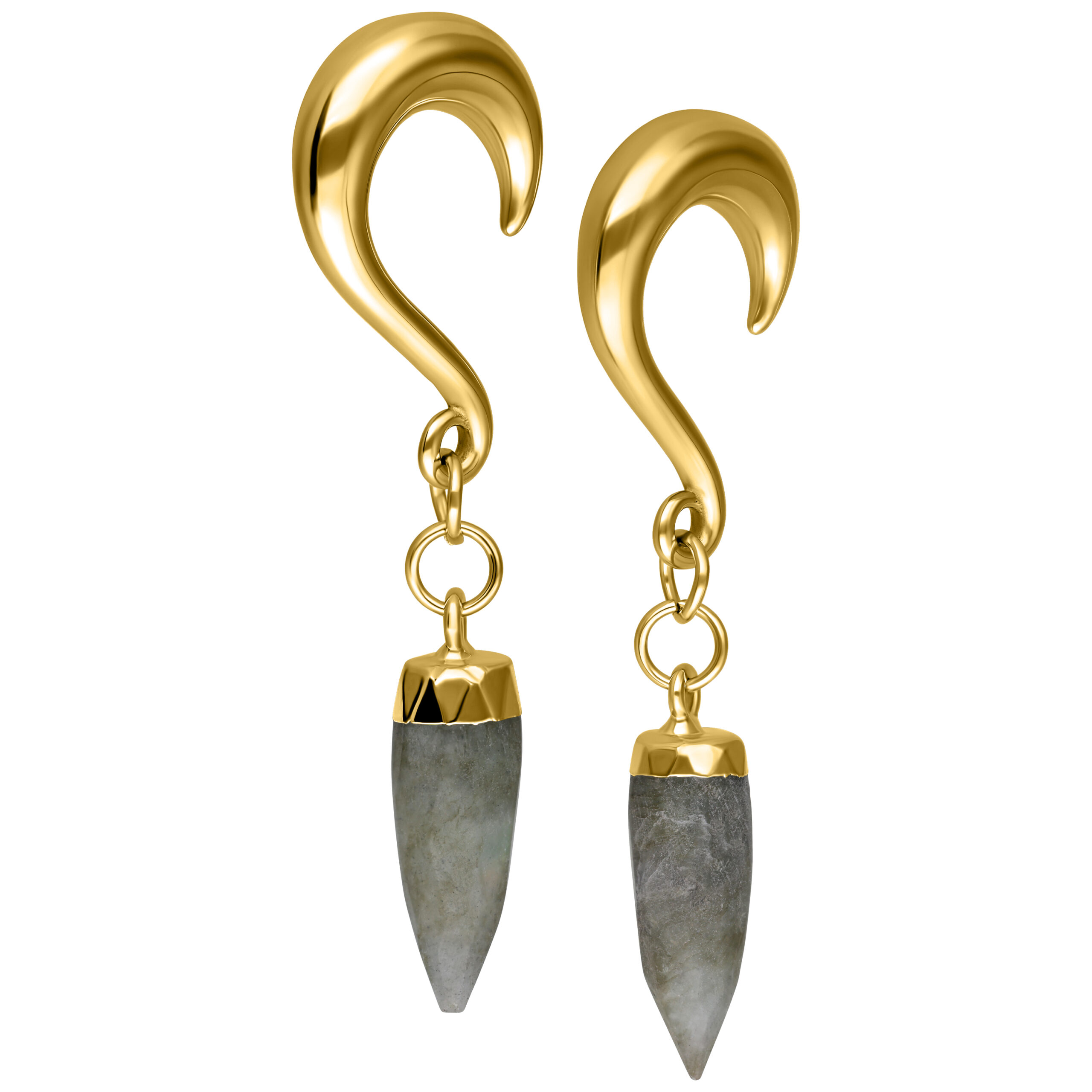 Goldene Stone Ohrgewichte mit Silber-Grauem Kristall Golden schimmernde Ohrgewichte mit silber-grauen Kristallen, auf weißem Hintergrund