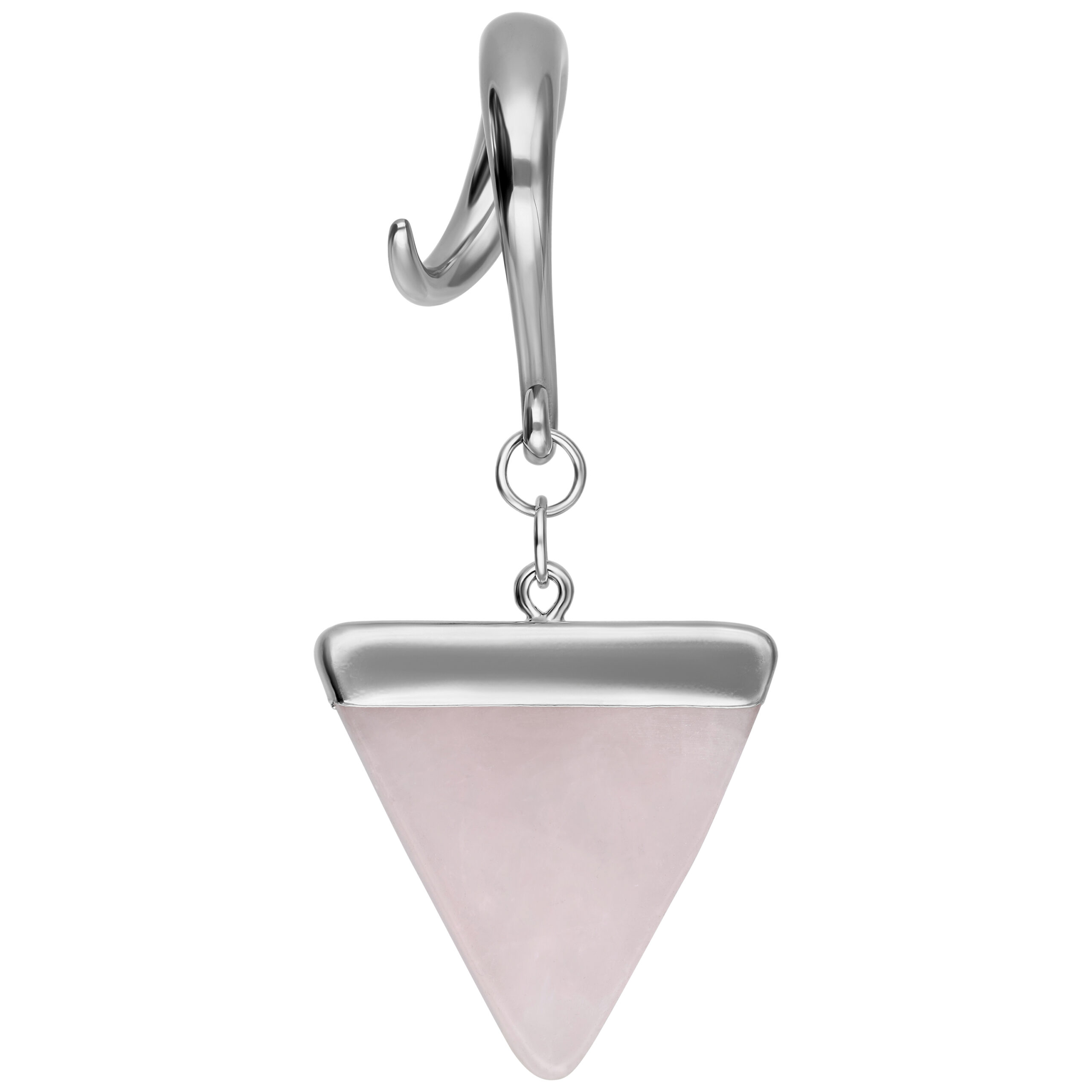 Silberfarbene Rose Triangle Ohrgewichte Silbernes Ohrgewicht mit dreieckigem Rosenquarz-Anhänger auf weißem Hintergrund