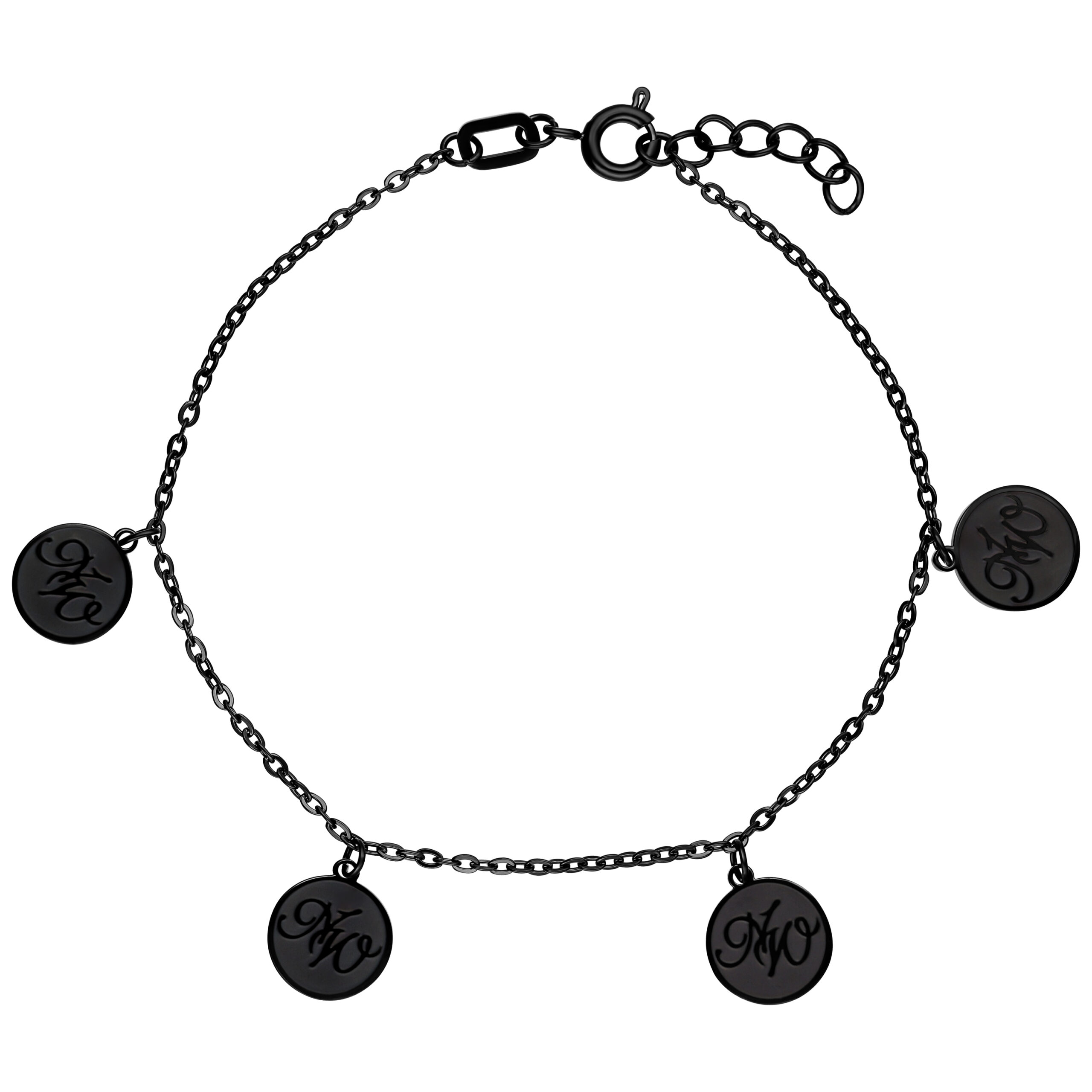 Schwarzes Nightwish Charm Armband aus Stahl Schwarzes Armband mit Nightwish-Charms auf weißem Hintergrund
