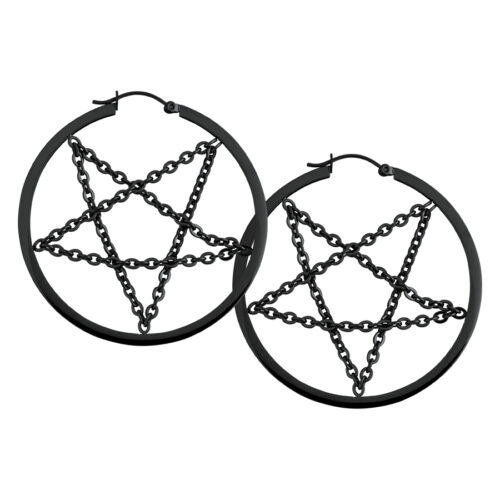 Schwarze Pentagramm-Ohrringe mit Ketten auf weißem Hintergrund