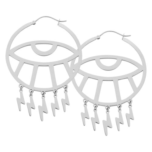 Silberne Thunderflash Eye Hoops aus Chirurgenstahl mit Blitzanhängern auf weißem Hintergrund