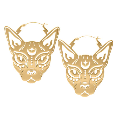 Goldene Sphynx Ohrringe aus Chirurgenstahl mit Katzenmotiv auf weißem Hintergrund