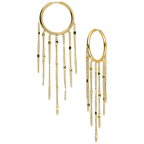 Goldene Tassle Hoops Ohrringe mit Kettenanhängern auf weißem Hintergrund