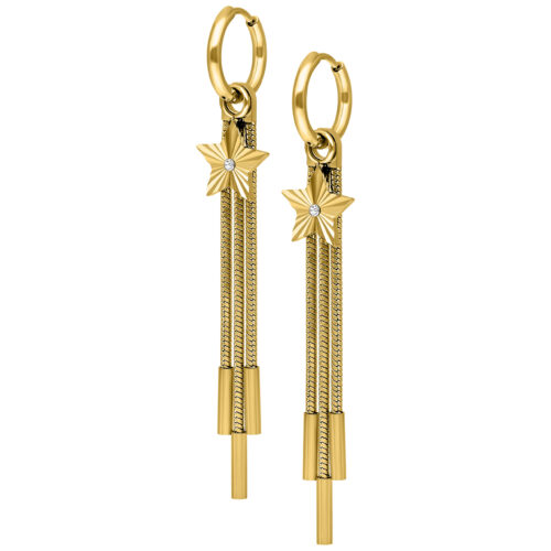 Goldene Ohrringe mit Sternmotiv und glänzender Oberfläche auf weißem Hintergrund