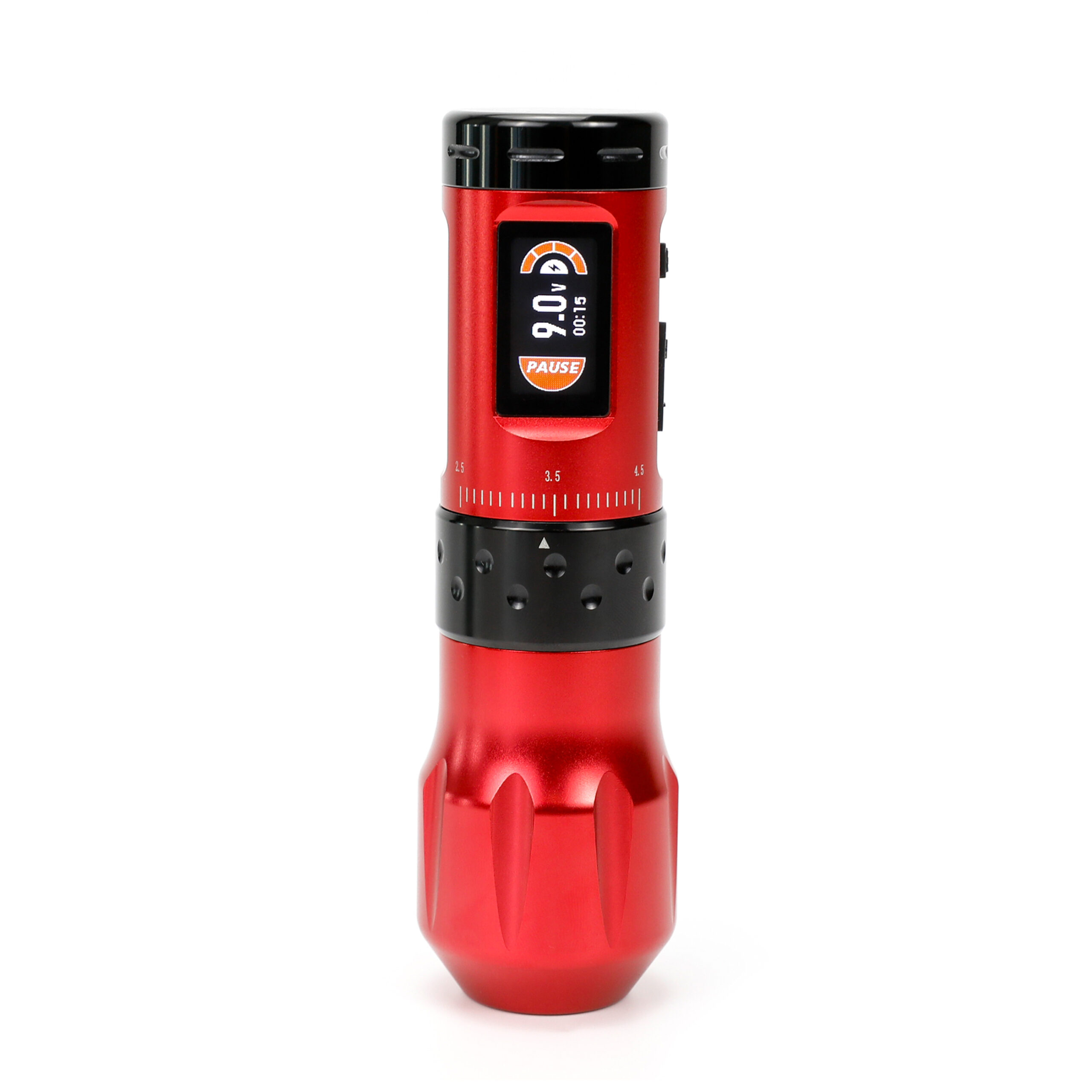 Rote Wireless Pen Machine Ava mit 38 mm Griff Rote kabellose Tattoomaschine Ava mit schwarzem Griff auf weißem Hintergrund