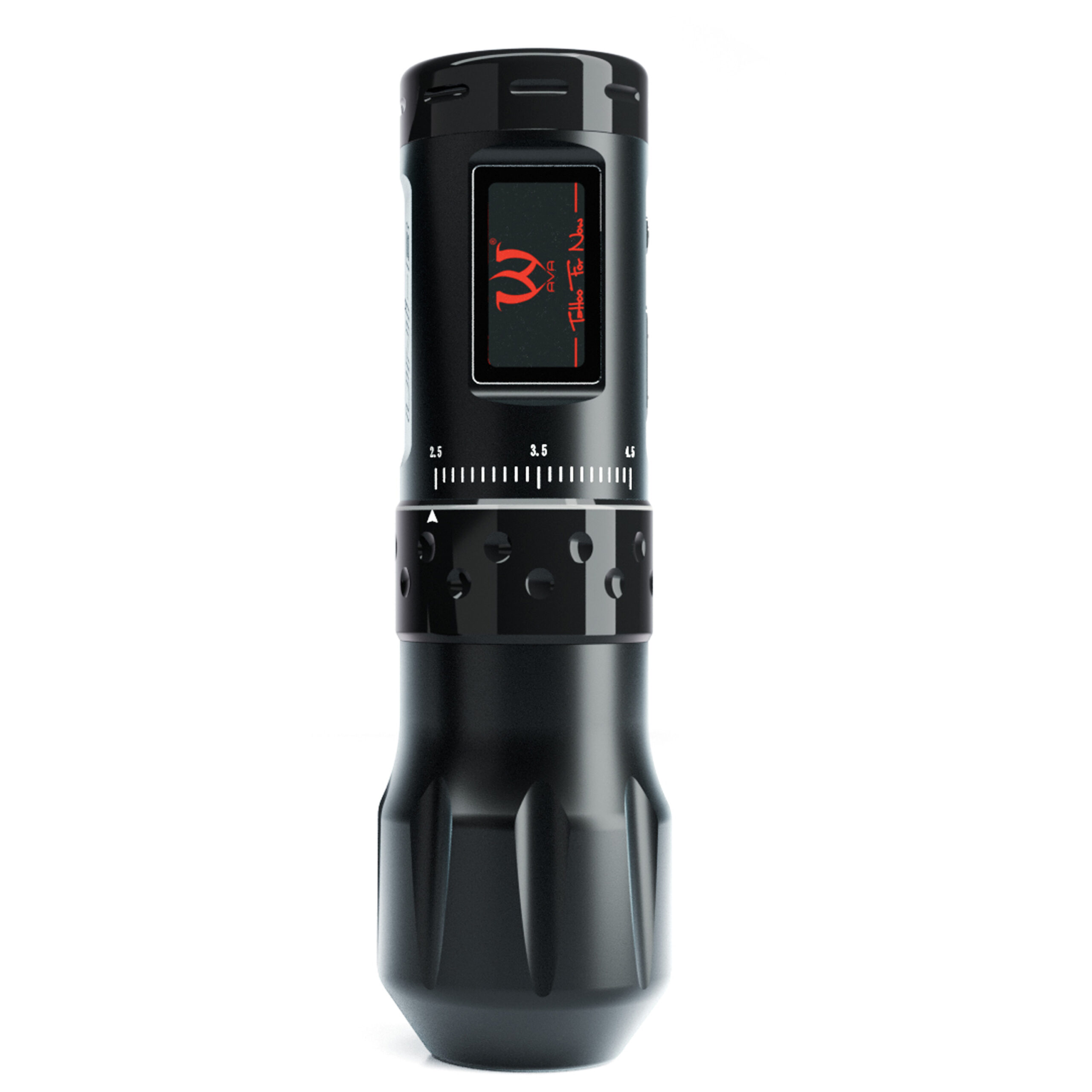 Ava Wireless Pen Maschine Schwarz, 30/38 mm Schwarze kabellose Tattoomaschine Ava mit zwei Griffen auf weißem Hintergrund