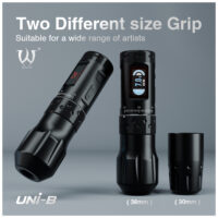 Ava Wireless Pen Maschine Schwarz mit 2 Griffen Schwarze kabellose Tattoomaschine mit zwei austauschbaren Griffen auf grauem Hintergrund