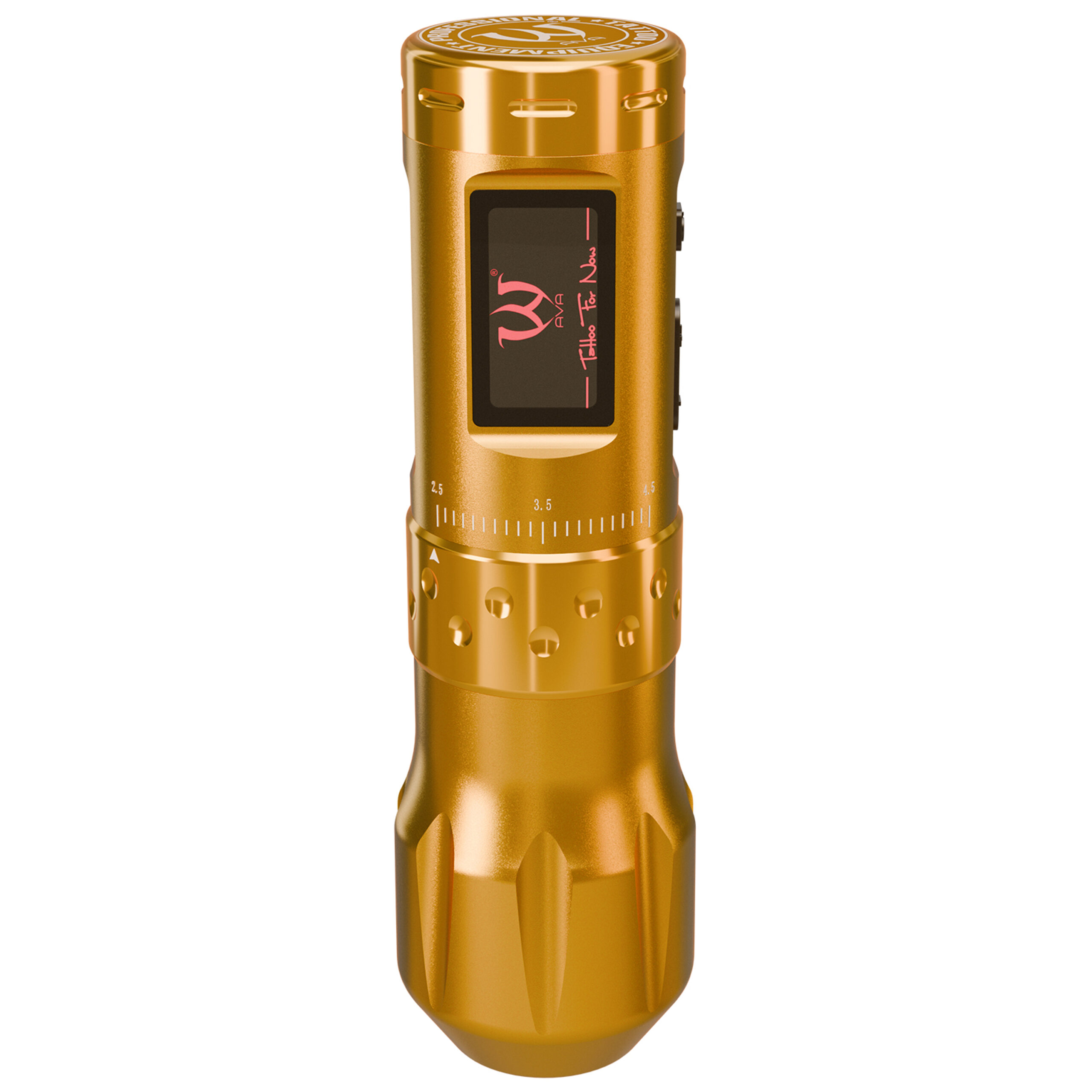 Goldene Ava Wireless Pen Maschine mit 2 Griffen Goldene drahtlose Tattoomaschine Ava mit ergonomischem Griff auf weißem Hintergrund