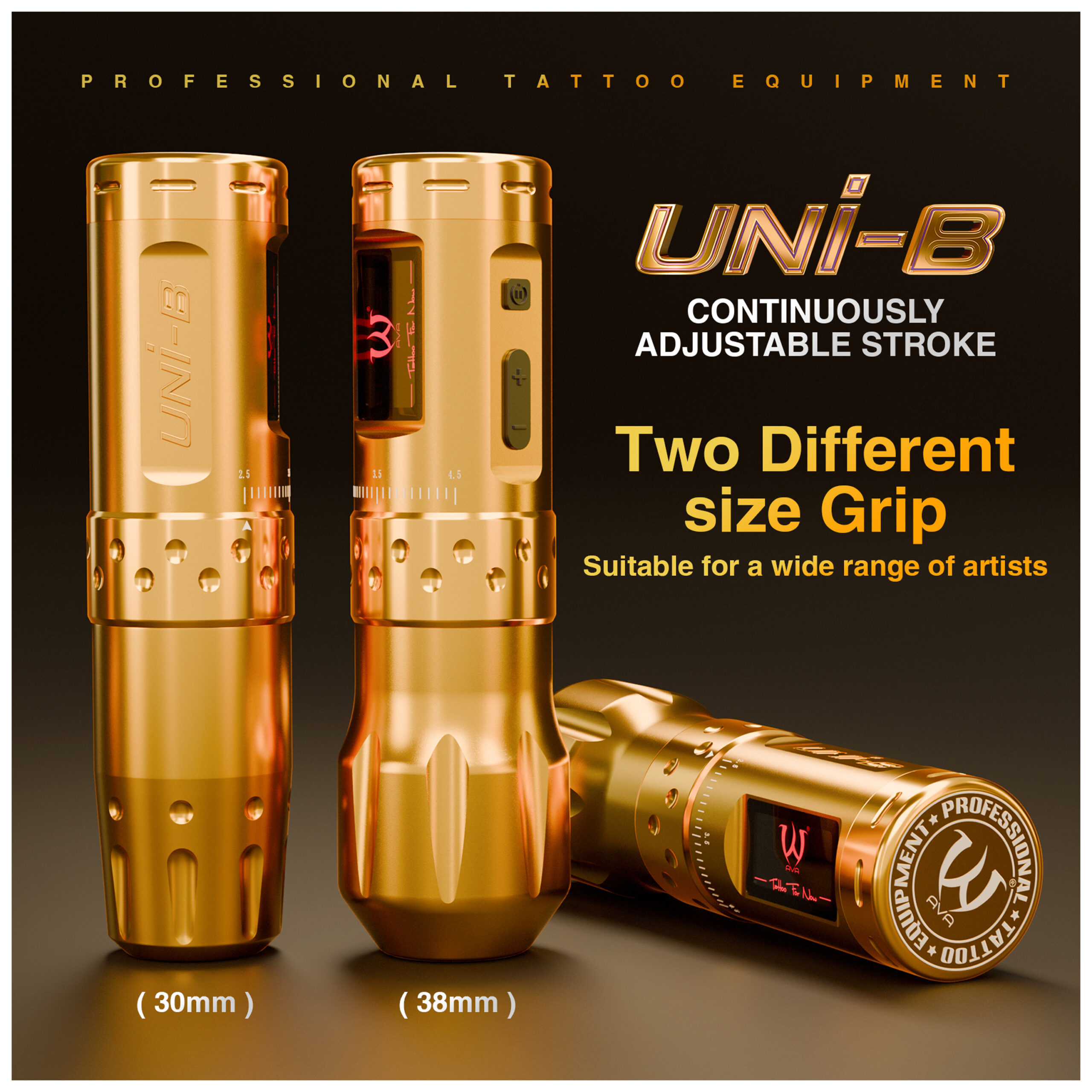 Ava Wireless Pen Machine Gold mit zwei Griffen Goldene kabellose Tattoomaschine Ava mit zwei Griffgrößen auf grauem Hintergrund