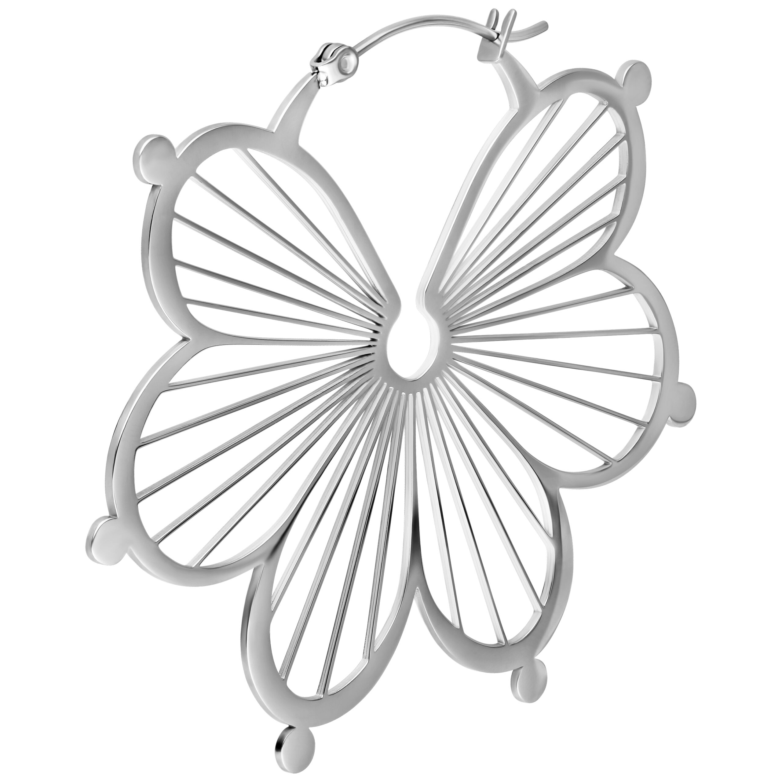 Silberne Flower Hoops Ohrringe mit Klappverschluss auf weißem Hintergrund