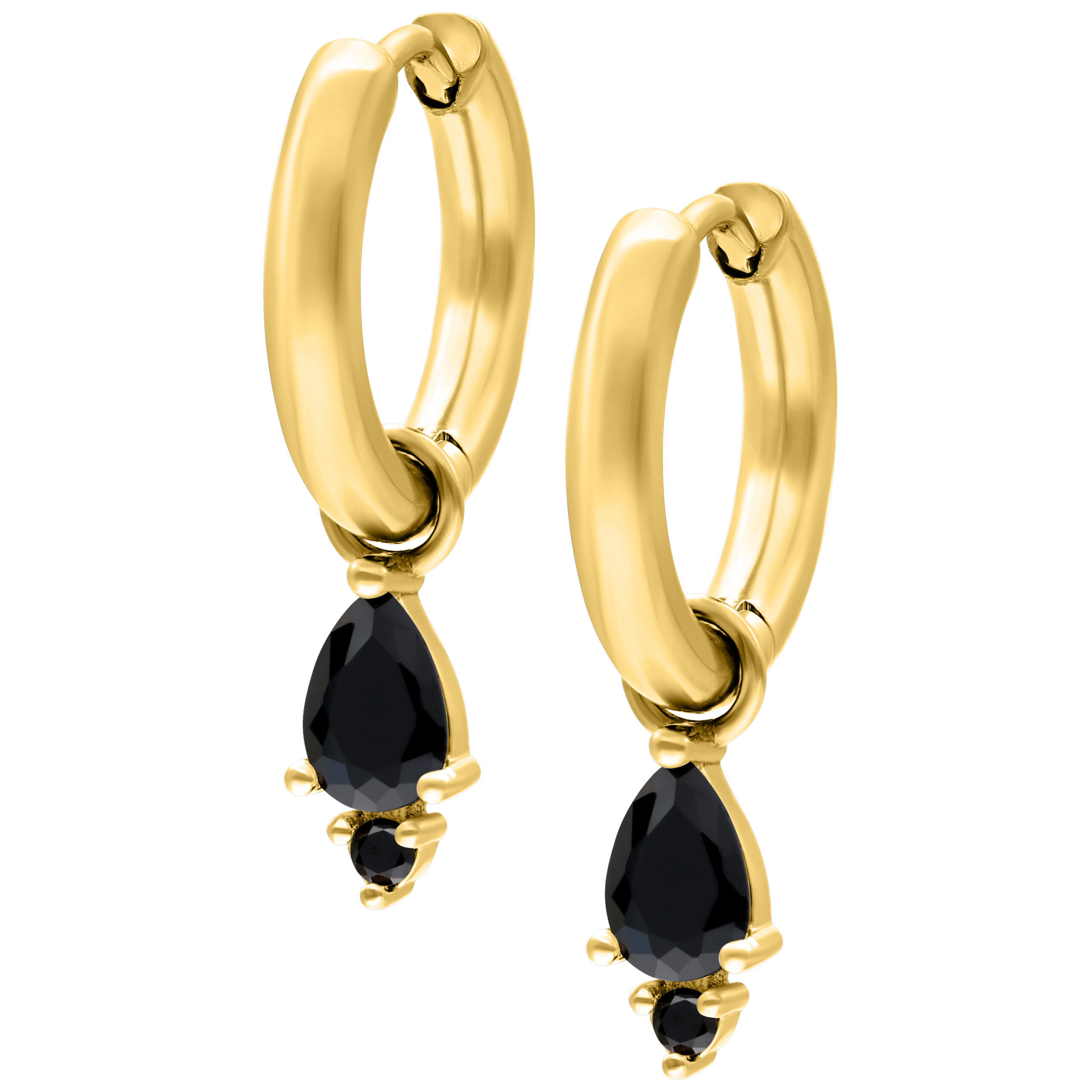 Little Tear Hoops in Gold mit schwarzen Kristallen Goldene Ohrringe mit schwarzen Kristallen auf weißem Hintergrund