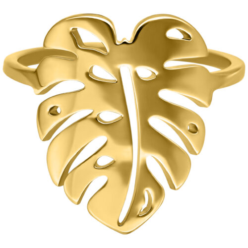 Goldener Ring in Form eines Monstera Blattes auf weißem Hintergrund
