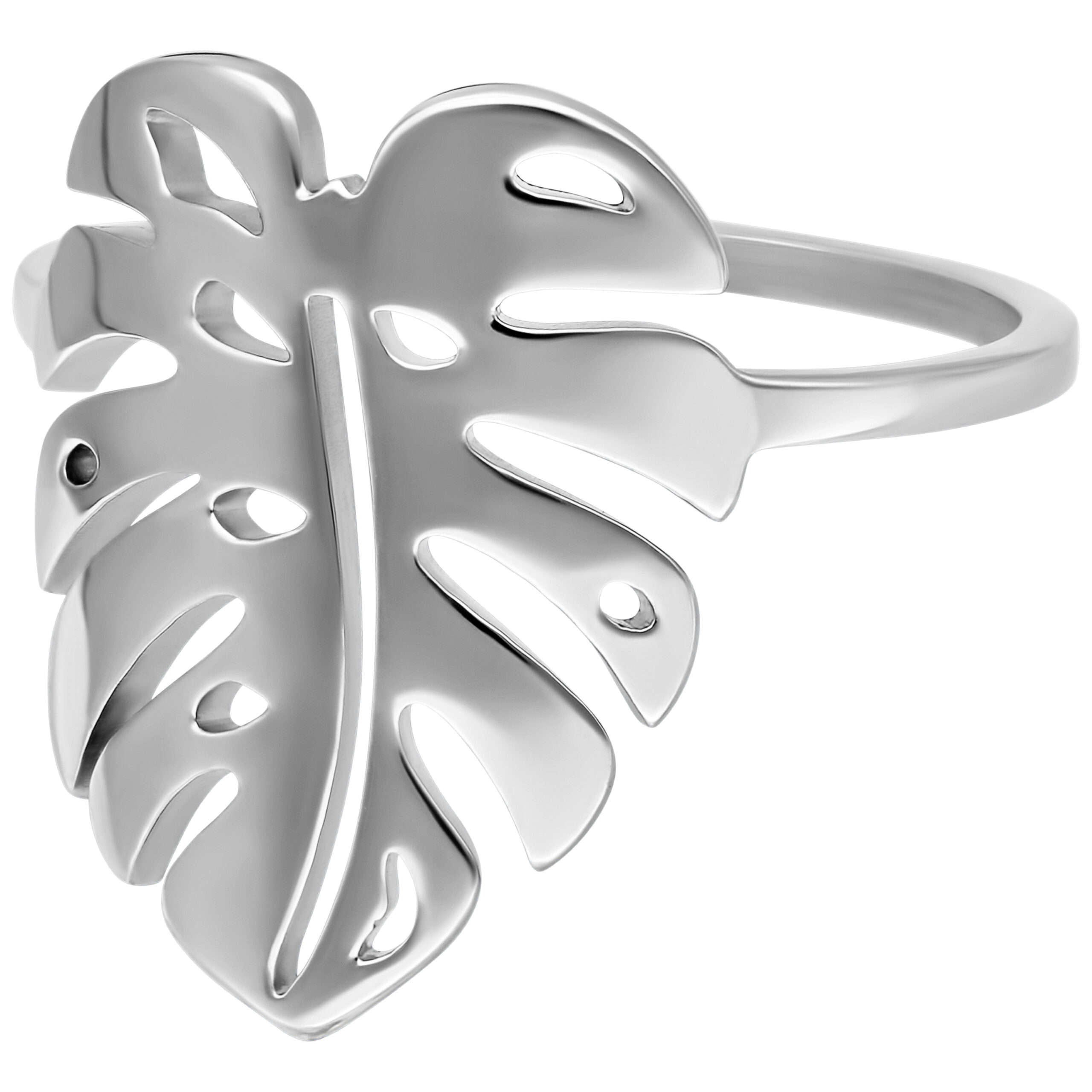 Monstera Leaf Ring aus Silbermetall, 20mm Silberner Ring in Monstera-Form auf weißem Hintergrund