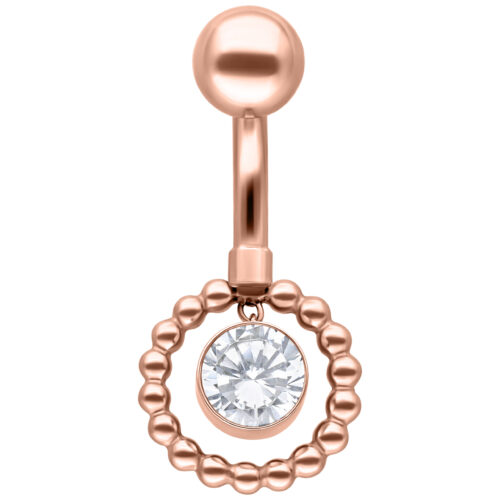 Roségoldenes Bauchnabelpiercing mit kristallklarem Stein und Kugeldesign auf weißem Hintergrund