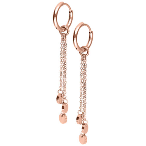 Paar roségoldene Ohrringe mit Kettendetails auf weißem Hintergrund