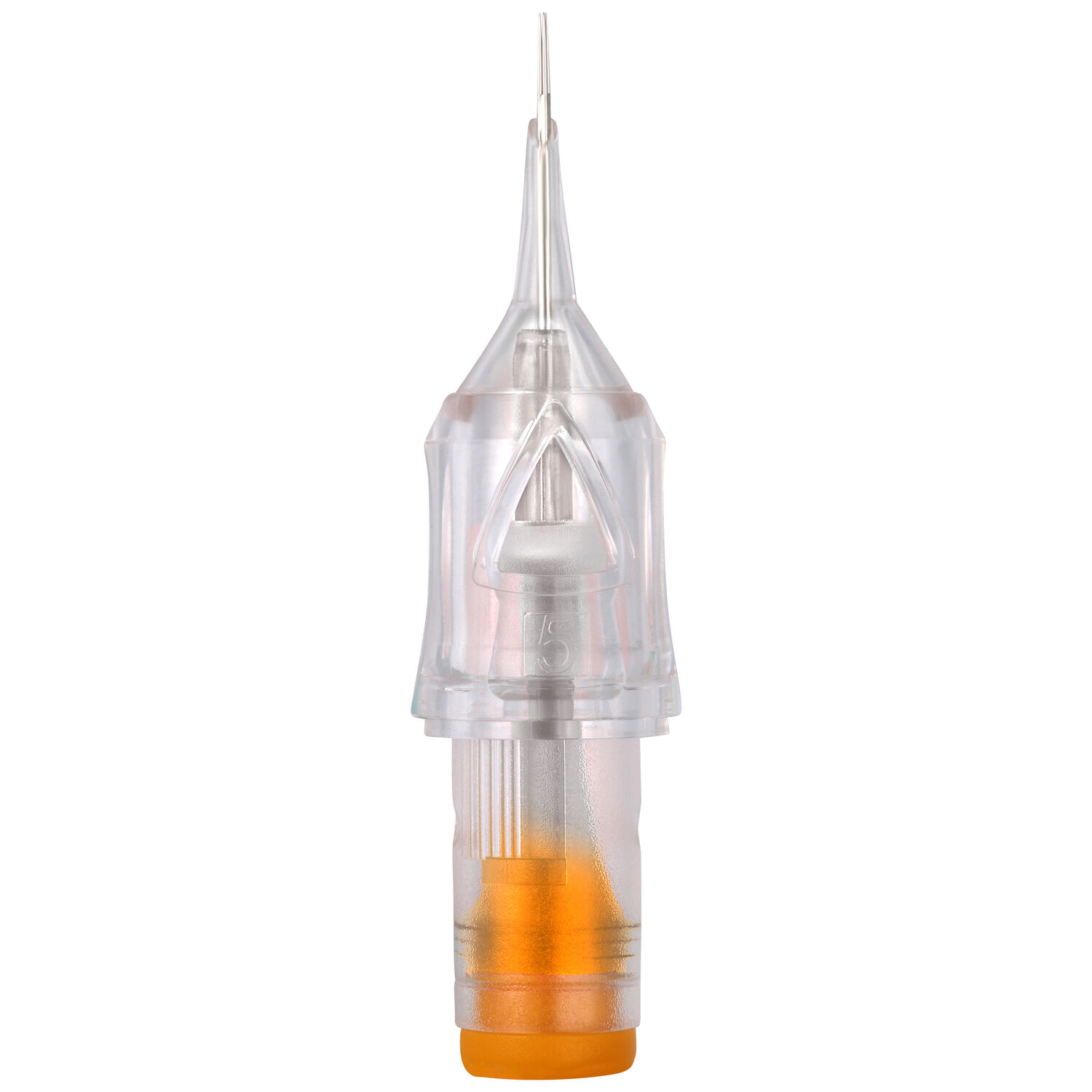 The Signature® - 3er Round Liner Nadel 0.35mm Transparente Cartridge mit 3er Round Liner Nadel, orange Basis, auf weißem Hintergrund