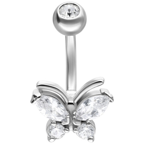 Silbernes Bauchnabelpiercing mit Schmetterling und klaren Kristallen auf weißem Hintergrund