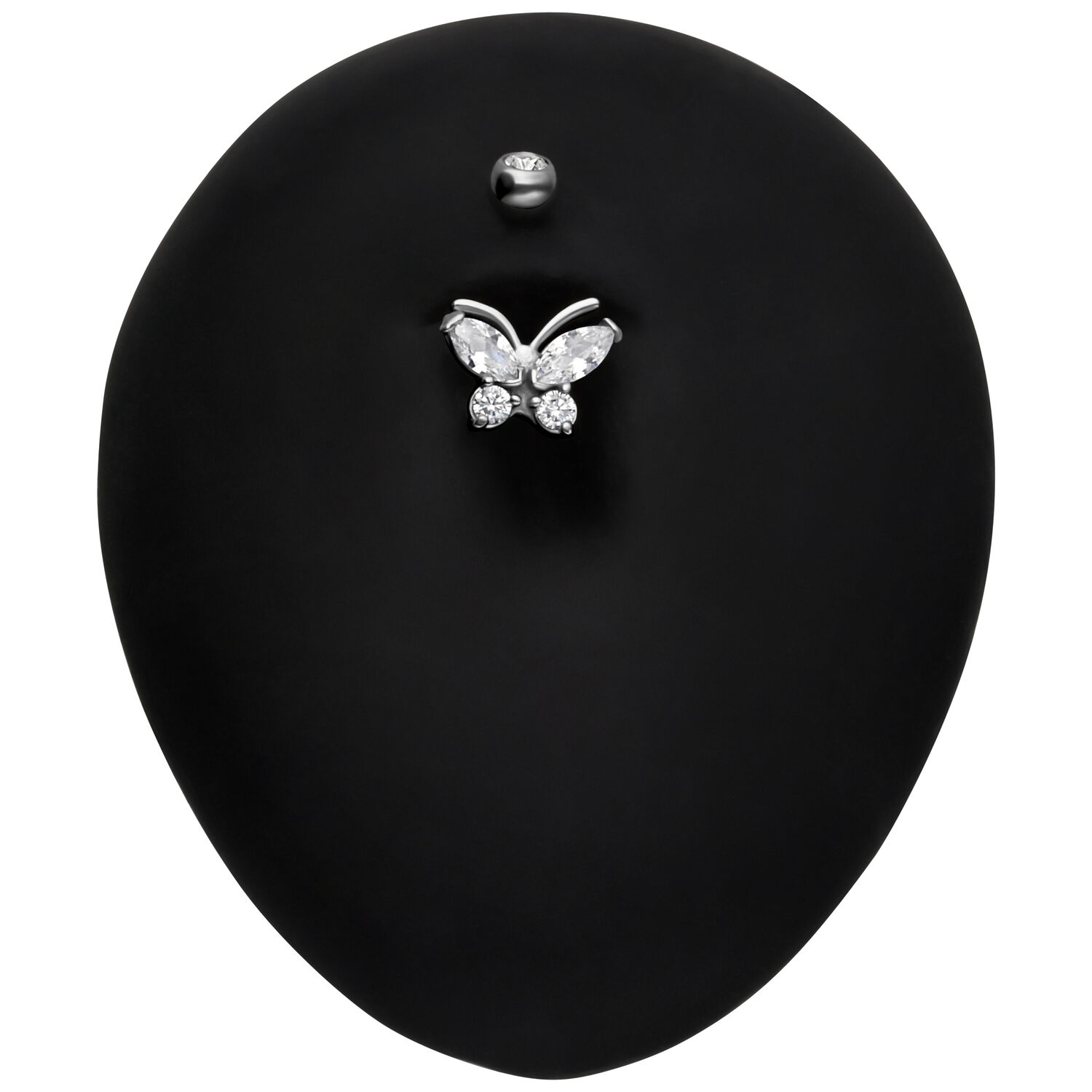 Schmetterling Doppel-Jeweled Bananabell in Silber Silbernes Schmetterling Bananabell mit klaren Kristallen auf schwarzem Hintergrund