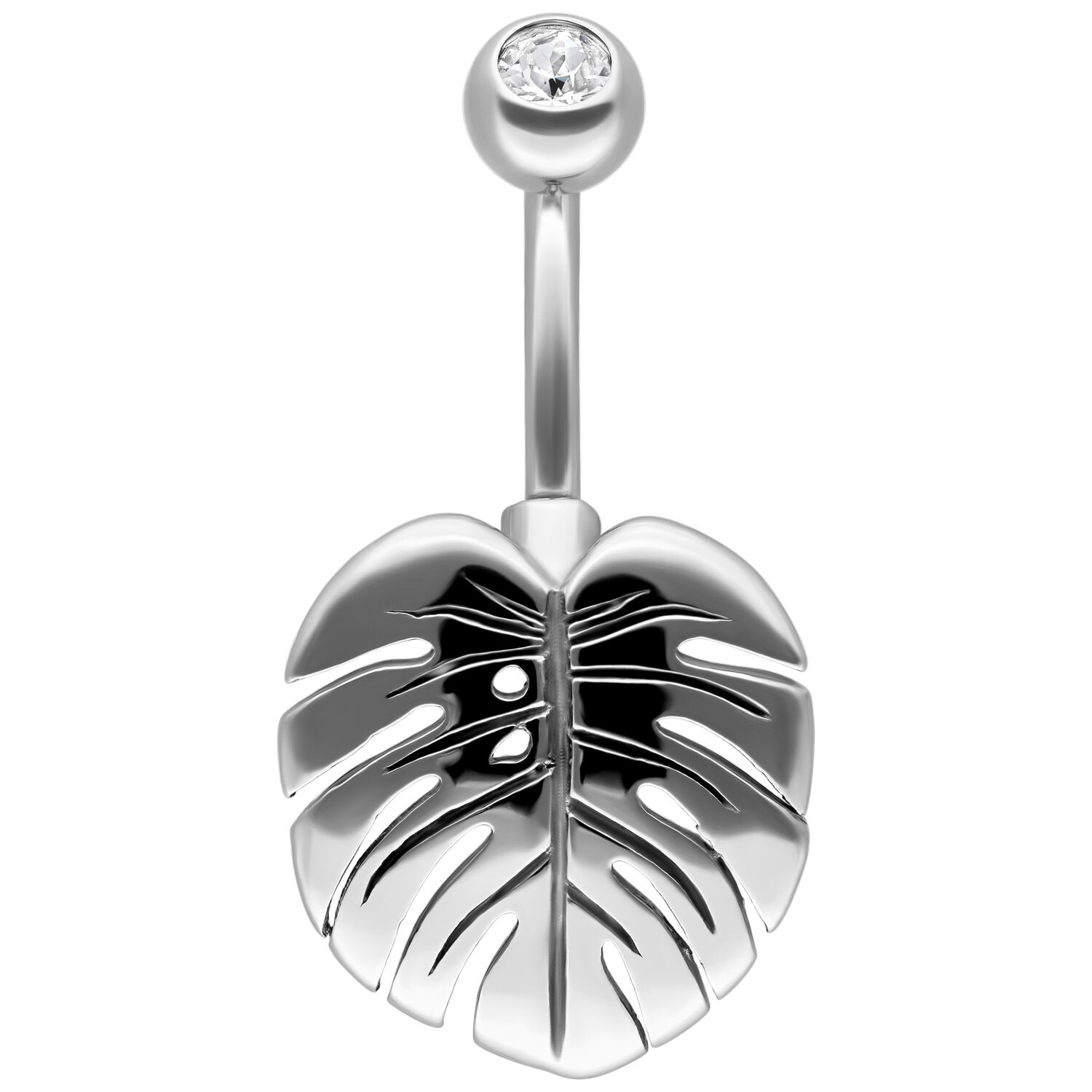 Monstera Blatt Bauchnabelpiercing mit Kristall Silbernes Bananabell mit Monstera Blatt und klarem Kristall auf weißem Hintergrund