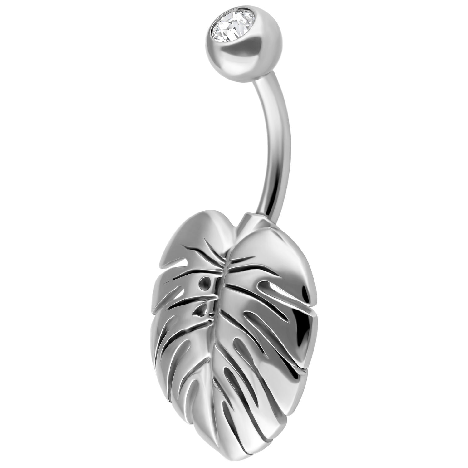 Monstera Blatt Bauchnabelpiercing mit Kristall Silbernes Bauchnabelpiercing mit Monstera Blatt und klarem Kristall auf weißem Hintergrund