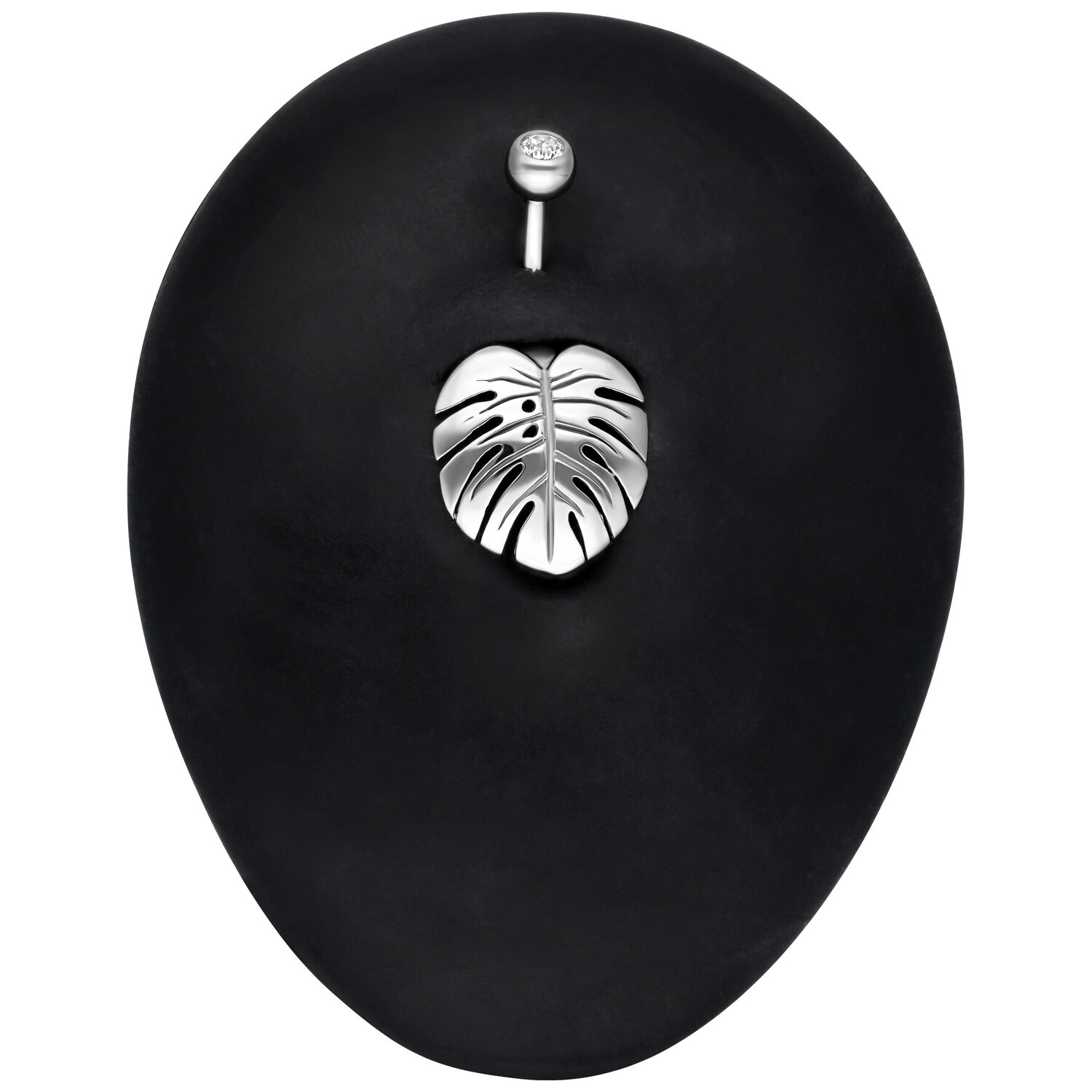 Monstera Leaf Bananabell Piercing in Silber Silbernes Bananabell Piercing mit Monstera Blatt Design auf schwarzem Hintergrund