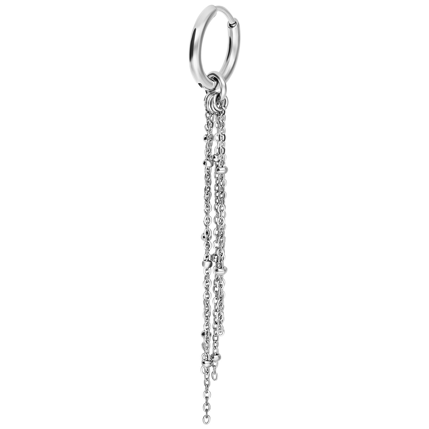 Elegante Ketten-Ohrringe aus Edelstahl Silberne Ketten-Ohrringe mit Klappverschluss auf weißem Hintergrund