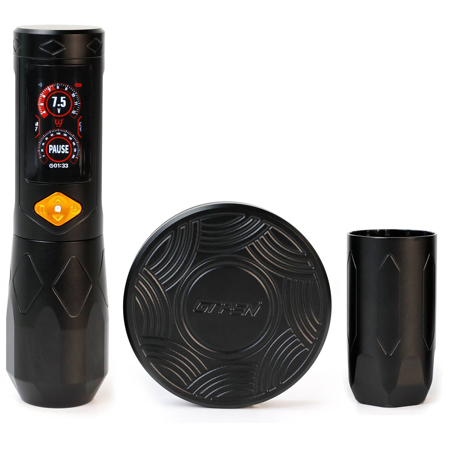 Schwarzer GTR Wireless Tattoo Pen auf weißem Hintergrund mit Zubehör