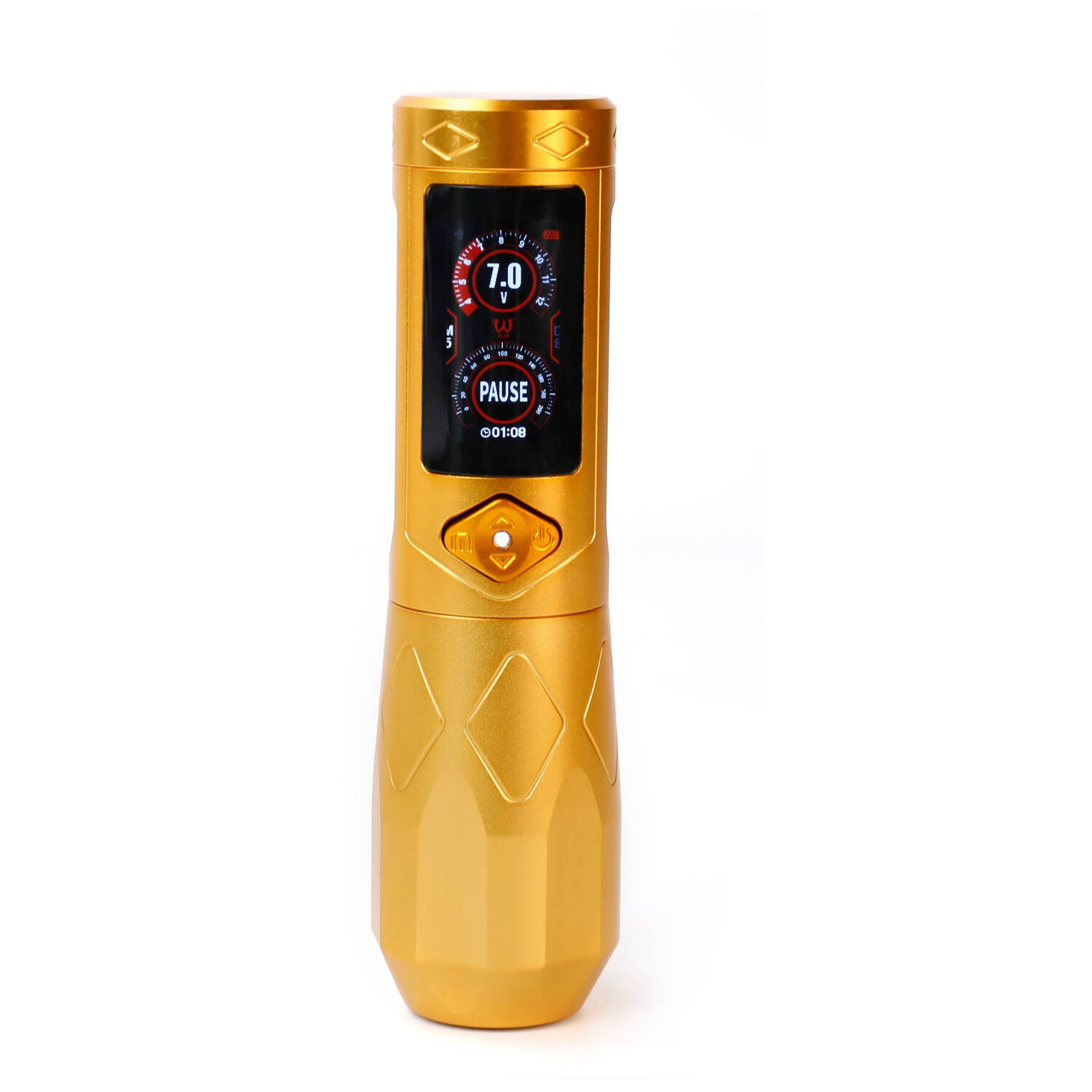 GTR Wireless Tattoo Pen in Gold Goldener GTR Wireless Tattoo Pen mit Display auf weißem Hintergrund