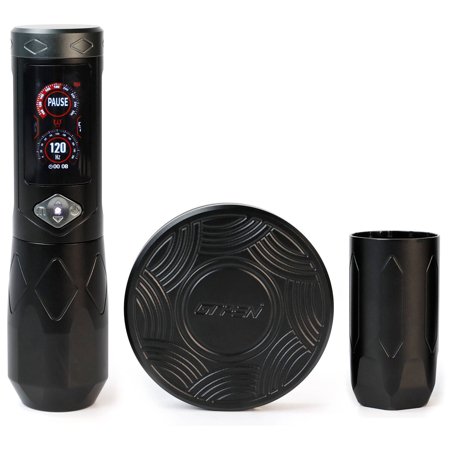 GTR Wireless Tattoo Pen in Grau Grauer GTR Wireless Tattoo Pen mit abnehmbarem Griff auf weißem Hintergrund