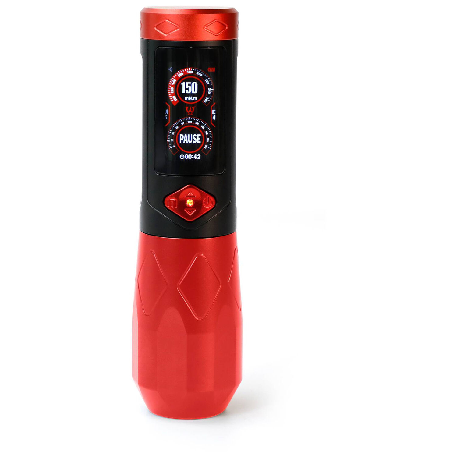 Roter Tattoo Pen mit schwarzem Griff und Digitalanzeige auf weißem Hintergrund