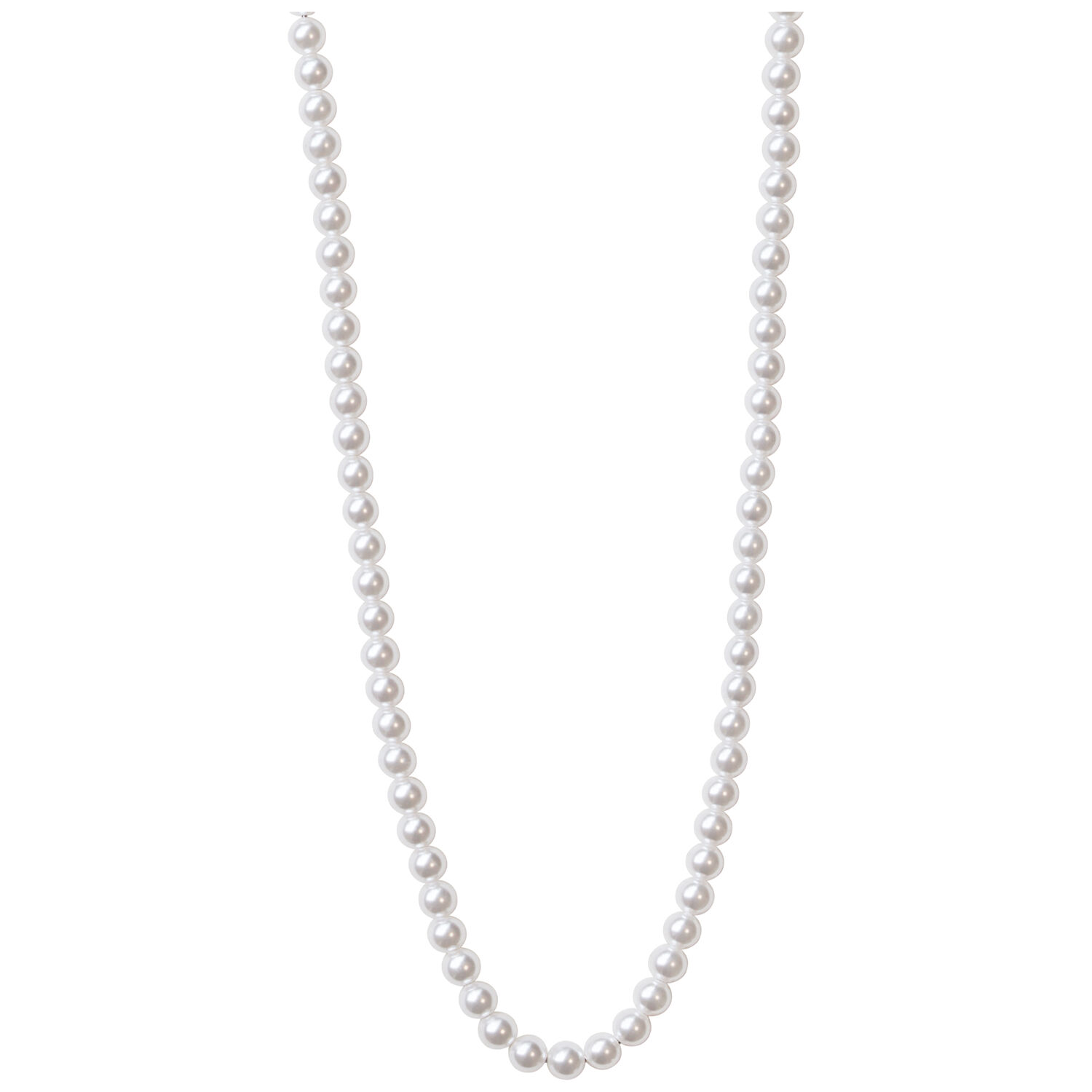 Elegante synthetische Perlenkette in Silber Lange synthetische Perlenkette aus Chirurgenstahl auf weißem Hintergrund