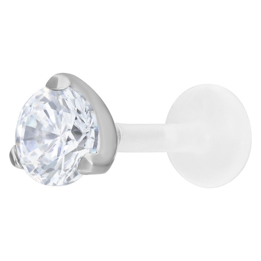 Silberner Labret mit Kristall - 4,0 mm Silberner Labret mit klarem Kristall, 4,0 mm Kugelgröße, auf weißem Hintergrund