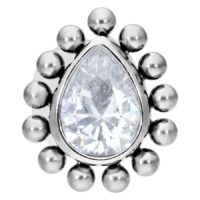 Silbernes Crystal Teardrop Labret mit Innengewinde Silbernes Labret mit kristallklarem Tropfen und Kugeln auf weißem Hintergrund