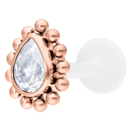 Labret in Roségold mit kristallklarem Tropfen und PTFE-Stab