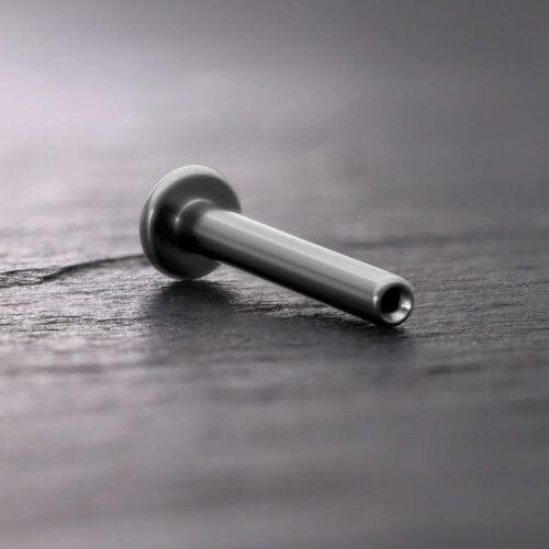 Silbernes Titan Push Fit Labret auf dunklem Holzuntergrund