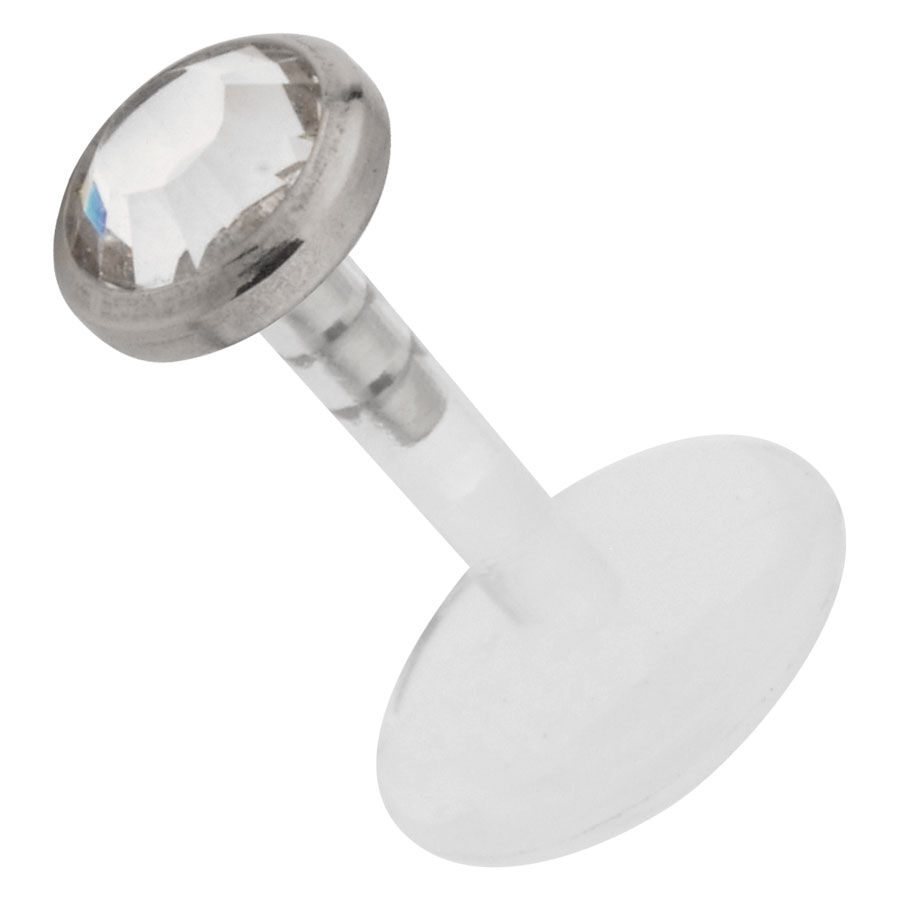 Kristallklarer Micro Labret Piercing Silberner Micro Labret mit klarem Kristall auf weißem Hintergrund
