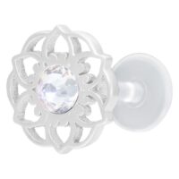 Silbernes Mandala Push-Fit Labret mit Kristall Silbernes Labret mit Mandala-Blumenform und klarem Kristall auf weißem Hintergrund