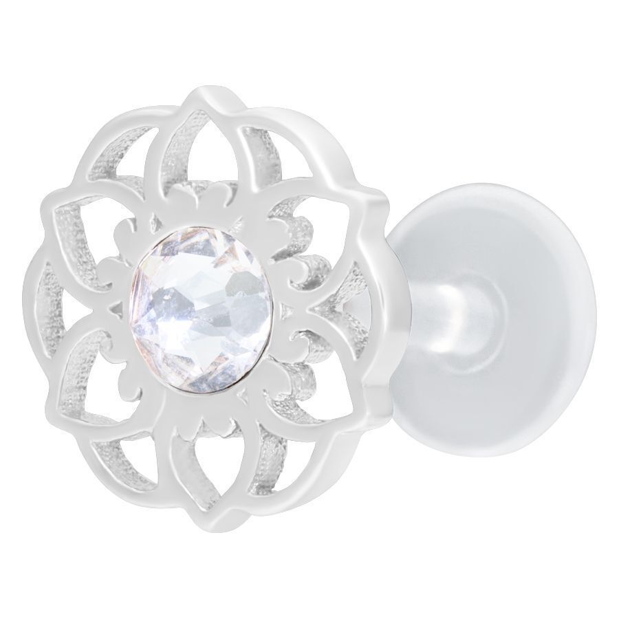 Silbernes Mandala Push-Fit Labret mit Kristall Silbernes Labret mit Mandala-Blumenform und klarem Kristall auf weißem Hintergrund